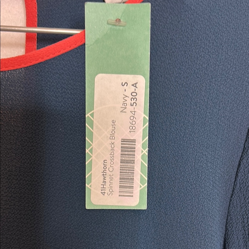 Navy Blue Long Sleeve Top with Salmon Colored Trim - Picture 2 of 7